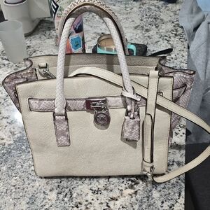 Michael Kors Cream Satchel with Snakeskin-Effect Trim